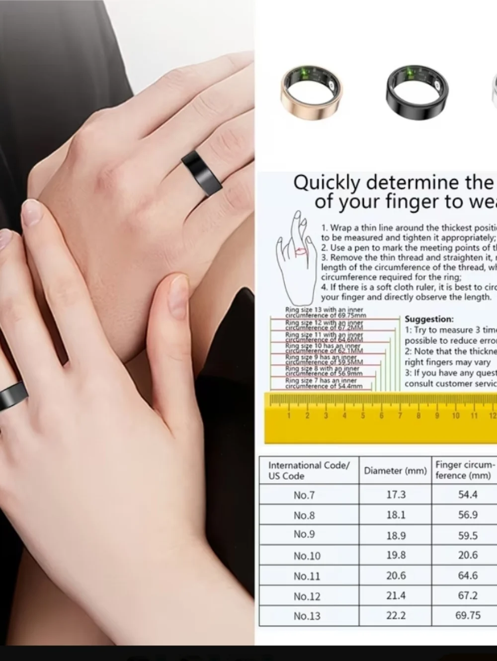 Size 7. Silvery Smart Health & Activity Ring with App Integration